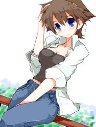 Rule 34 | 1girl, alternate costume, between legs, blue eyes, blush, breasts, brown hair, cleavage, cowboy shot, denim, flipped hair, hair ornament, hairclip, hand between legs, hand in own hair, hiei (kancolle), jacket, jeans, kanoe soushi, kantai collection, large breasts, looking at viewer, pants, short hair, sitting, solo, twitter username, white jacket