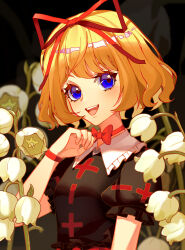 Rule 34 | 1girl, absurdres, blonde hair, blue eyes, bow, bracelet, flower, frilled shirt collar, frilled sleeves, frills, hair bow, hair ribbon, highres, jewelry, lily of the valley, looking at viewer, medicine melancholy, niceguangguang, open mouth, puffy sleeves, ribbon, shirt, short hair, short sleeves, smile, solo, touhou