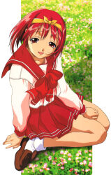 1990s_(style) 1girl artist_request bow breasts brown_footwear full_body highres kamigishi_akari knees_together_feet_apart loafers long_sleeves official_art open_mouth red_hair red_skirt retro_artstyle scan school_uniform shoes short_hair sitting skirt solo third-party_source to_heart to_heart_(series) wariza yellow_bow