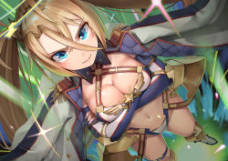 Rule 34 | 1girl, blonde hair, blue eyes, boots, bradamante (fate), bradamante (third ascension) (fate), breasts, cleavage, closed mouth, crossed arms, fate/grand order, fate (series), from above, furrowed brow, gunbuster pose, highres, jacket, jacket on shoulders, knee boots, large breasts, long hair, looking at viewer, perspective, smile, solo, standing, sunga2usagi, twintails