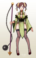 Rule 34 | 1girl, beige background, breasts, brown hair, china dress, chinese clothes, cleavage, closed mouth, commentary, detached sleeves, double bun, dress, flail, frilled sleeves, frills, full body, gradient background, green dress, hair bun, hair ornament, highres, holding, holding weapon, legs apart, long sleeves, looking at viewer, mandarin collar, medium breasts, original, panties, panty peek, pelvic curtain, print dress, purple eyes, red footwear, sash, side-tie panties, signature, smile, solo, standing, swept bangs, tachi-e, tarako jun, tassel, thighhighs, underwear, weapon, wide hips, wide sleeves