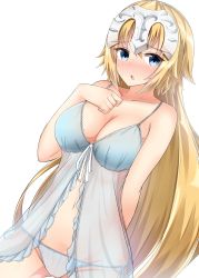 Rule 34 | 1girl, absurdres, arm behind back, babydoll, blonde hair, blue babydoll, blue eyes, blue panties, blush, breasts, cleavage, collarbone, commentary request, dutch angle, eyes visible through hair, fate/apocrypha, fate (series), gluteal fold, hand on own chest, highres, jeanne d&#039;arc (fate), jeanne d&#039;arc (ruler) (fate), large breasts, long hair, looking at viewer, moyoron, navel, nose blush, open mouth, panties, see-through, side-tie panties, simple background, solo, standing, underwear, very long hair, white background
