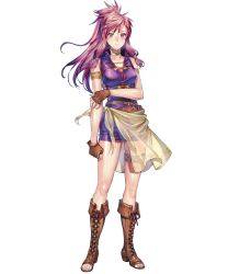 Rule 34 | 1girl, armlet, artist request, boots, breasts, clenched hand, collarbone, cross-laced footwear, dress, fingerless gloves, fire emblem, fire emblem: the sacred stones, fire emblem heroes, full body, gloves, highres, knee boots, lace-up boots, long hair, looking at viewer, marisa (fire emblem), medium breasts, nintendo, official art, ponytail, purple eyes, purple hair, see-through, short dress, sleeveless, solo, thigh strap, toeless footwear, transparent background