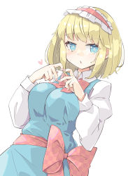 Rule 34 | 1girl, alice margatroid, arnest, blonde hair, blue dress, blue eyes, bow, bowtie, breasts, dress, hairband, highres, juliet sleeves, large breasts, lolita hairband, long sleeves, looking at viewer, puffy sleeves, red bow, red bowtie, red hairband, short hair, simple background, solo, touhou, upper body, white background