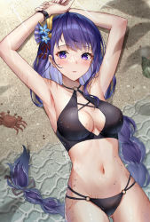 Rule 34 | 1girl, absurdres, armpits, arms up, beach, bikini, black bikini, blush, braid, breasts, center opening, cleavage, cowboy shot, crab, cross-laced clothes, day, genshin impact, gluteal fold, highres, long hair, looking at viewer, low-braided long hair, low-tied long hair, lying, medium breasts, mole, mole under eye, multi-strapped bikini, myske (myst34415756), navel, o-ring, o-ring bikini, on back, outdoors, parted lips, purple eyes, purple hair, raiden shogun, sand, shore, single braid, solo, stomach, sunlight, swept bangs, swimsuit, thighs, very long hair, water, wet, wet clothes, wet swimsuit, wristband