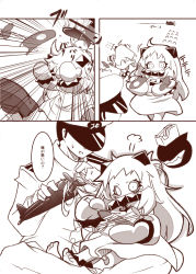 Rule 34 | 10s, 1boy, 1girl, abyssal ship, admiral (kancolle), ahoge, comic, enemy aircraft (kancolle), flying sweatdrops, hat, horns, kantai collection, long hair, military, military uniform, mittens, monochrome, nananana nanana, naval uniform, northern ocean princess, peaked cap, text focus, translation request, uniform