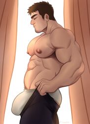 Rule 34 | 1boy, abs, armpit hair, armpit hair peek, ass, bara, briefs, bulge, bulge lift, curtains, dressing, facial hair, feet out of frame, from side, goatee, highres, i&#039;ve never seen a guy recreate this successfully tbh (meme), lamasart, large areolae, large bulge, large pectorals, male focus, male underwear, mature male, meme, muscular, muscular male, navel hair, nipples, open pants, pants, pants lift, pectorals, senpai ga uzai kouhai no hanashi, short hair, sideburns, solo, stomach, stubble, sunlight, takeda harumi (shiromanta), thick eyebrows, thick thighs, thighs, topless male, undersized clothes, underwear, white male underwear