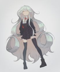 Rule 34 | 1girl, asaoki, black footwear, black thighhighs, blush, boots, bow, closed mouth, grey background, grey hair, long hair, original, patterned, patterned clothing, red bow, signature, simple background, solo, thighhighs, very long hair, yellow eyes