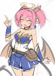 Rule 34 | 10s, 1girl, bat wings, belt, belt pouch, blush stickers, bracer, breasts, choker, cleavage, demon tail, earrings, closed eyes, halo, happy, horns, jewelry, lilim (shingeki no bahamut), mel/a, pink hair, pointy ears, shingeki no bahamut, short twintails, sketch, skirt, smile, solo, tail, twintails, wings
