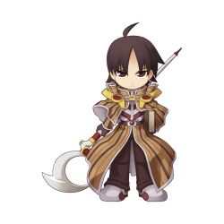 Rule 34 | 1boy, ahoge, belt, book, brown belt, brown cape, brown eyes, brown footwear, brown gloves, brown hair, brown pants, brown shirt, cape, chibi, closed mouth, frown, full body, gloves, holding, holding book, holding staff, looking at viewer, male focus, medium bangs, medium hair, official art, pants, ragnarok online, sage (ragnarok online), shirt, shoes, simple background, solo, staff, standing, striped cape, tachi-e, transparent background, v-shaped eyebrows, waist cape, yuichirou