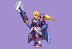 Rule 34 | 1990s (style), 1boy, abysswolf, blonde hair, blue eyes, cape, circular saw, edgar roni figaro, final fantasy, final fantasy vi, hand on own hip, long hair, male focus, pixel art, ponytail, purple background, retro artstyle, saw, solo, wrist guards
