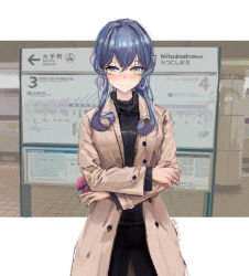 Rule 34 | 1girl, alternate costume, alternate hairstyle, black pants, black sweater, blue eyes, blue hair, brown coat, coat, commentary request, cowboy shot, crossed arms, gotland (kancolle), green nails, hair bun, highres, jewelry, kantai collection, long hair, looking at viewer, mole, mole under eye, nail polish, pants, photo background, ring, sidelocks, sign, single hair bun, solo, standing, subway station, sweater, tifg39, tokyo metro, train station, wedding band