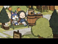 Rule 34 | 1boy, 1girl, :3, :d, ^ ^, animal crossing, barrel, bench, black hair, blue socks, blue sweater, blurry, blurry background, blush, can, cart, cat boy, closed eyes, commentary request, day, fence, flower, food, forehead, fruit, furry, furry male, grass, grey sweater, highres, holding, holding can, kaji (oni atat), letterboxed, long sleeves, nintendo, on bench, open mouth, orange (fruit), outdoors, parted bangs, pencil skirt, pine tree, pullcart, radio, sandals, shadow, short hair, sign, sitting, skirt, smile, socks, stone walkway, sweater, tom (animal crossing), tree, tree stump, villager (animal crossing), white flower, white footwear, white skirt, wooden fence, yellow eyes
