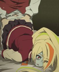 Rule 34 | 10s, 1boy, 1girl, ass, ass grab, bed sheet, bent over, blonde hair, blue skin, clothed sex, clothes lift, colored skin, commentary request, doggystyle, hair over one eye, hetero, jacket, letterman jacket, long hair, multicolored hair, nikaidou saki, oekaki, open mouth, ponytail, red eyes, scar, scar across eye, scar on face, school uniform, sex, sex from behind, skirt, skirt lift, streaked hair, surprised, tatsumi koutarou, tomu (tomubobu), top-down bottom-up, wide-eyed, zombie, zombie land saga