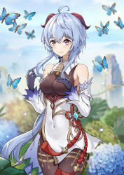 Rule 34 | 1girl, absurdres, ahoge, bare shoulders, bell, black gloves, black legwear, blue flower, blue hair, blush, breasts, bug, butterfly, chinese knot, covered navel, curled horns, cxxxl, detached sleeves, flower, flower knot, ganyu (genshin impact), genshin impact, gloves, gold trim, hand on own chest, highres, horns, insect, light smile, long hair, looking to the side, medium breasts, mountain, neck bell, outdoors, purple eyes, sidelocks, solo, standing, tassel, thighlet, vision (genshin impact), white sleeves