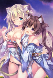 Rule 34 | 2girls, :d, animal ear fluff, animal ears, bare shoulders, bell, between legs, black panties, blonde hair, blue eyes, blue kimono, blush, grabbing another&#039;s breast, breasts, brown hair, cat ears, cat girl, cat tail, cleavage, closed mouth, cloud, commentary request, double bun, floral print, grabbing, grabbing from behind, groin, hair bell, hair between eyes, hair bun, hair ornament, highres, japanese clothes, jingle bell, kimono, long hair, medium breasts, multiple girls, obi, off shoulder, one eye closed, open mouth, original, outdoors, panties, panty pull, print kimono, purple eyes, ryo (botugo), sash, sky, smile, sunset, tail, tail between legs, twintails, underwear, very long hair, white kimono, white panties, yuri