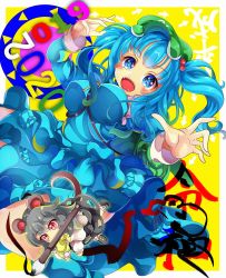 Rule 34 | 2019, 2020, 2girls, :d, animal ears, arms up, arrow (symbol), blue eyes, blue footwear, blue hair, blue shirt, blue skirt, blush, boots, bow, bowtie, breasts, calligraphy brush, capelet, chibi, commentary request, dress, flat cap, frilled shirt, frilled skirt, frills, green headwear, grey dress, grey footwear, grey hair, hair bobbles, hair ornament, hat, highres, kana (user rkuc4823), kawashiro nitori, key, large breasts, long sleeves, looking at viewer, mouse ears, mouse tail, mouth hold, multiple girls, nazrin, new year, open mouth, paintbrush, red eyes, rubber boots, shirt, short hair, skirt, skirt set, smile, strap, tail, touhou, two side up, yellow background, yellow neckwear