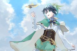 Rule 34 | 1boy, androgynous, beret, bird, black hair, blue hair, bow, braid, brooch, cape, cloud, cloudy sky, collared cape, collared shirt, commentary request, corset, day, feathers, flower, frilled sleeves, frills, gem, genshin impact, gradient hair, green cape, green eyes, green hat, green shorts, hat, hat flower, highres, jewelry, leaf, long sleeves, male focus, multicolored hair, open mouth, pantyhose, shiraai ten, shirt, short hair with long locks, shorts, side braids, sidelocks, signature, sky, smile, solo, twin braids, venti (genshin impact), vision (genshin impact), white flower, white pantyhose, white shirt