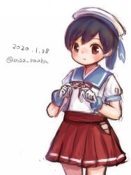 Rule 34 | 1girl, black hair, blue sailor collar, brown eyes, commentary request, cosplay, dated, gloves, hat, hiburi (kancolle), highres, hip vent, kantai collection, low ponytail, mikura (kancolle), mikura (kancolle) (cosplay), panties, pleated skirt, puffy short sleeves, puffy sleeves, red skirt, sailor collar, sailor hat, sailor shirt, shirt, short hair, short sleeves, simple background, skirt, solo, twitter username, undershirt, underwear, white background, white gloves, white hat, white panties, white shirt, wss (nicoseiga19993411)