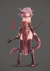 Rule 34 | 1girl, absurdres, black thighhighs, blush, boots, breasts, cleavage, deel (rkeg), detached sleeves, dragon girl, dragon horns, dragon tail, dress, full body, grey background, grey eyes, highres, horns, knee boots, no panties, original, pelvic curtain, pink hair, prototype design, red hair, sheath, sheathed, side slit, solo, standing, strapless, strapless dress, tail, thighhighs, weapon