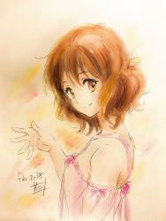 Rule 34 | 1girl, bad id, bad pixiv id, bare shoulders, blouse, bow, brown eyes, brown hair, collarbone, color ink (medium), commentary, dated, from side, hibike! euphonium, highres, looking at viewer, looking to the side, nii manabu, oumae kumiko, pink shirt, shirt, signature, smile, solo, spaghetti strap, upper body, waving, wavy hair