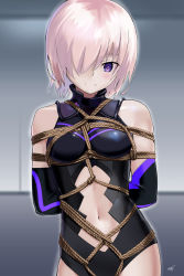 Rule 34 | 1girl, arms behind back, bare shoulders, bdsm, blurry, blush, bondage, bound, bound arms, breasts, cowboy shot, depth of field, elbow gloves, fate/grand order, fate (series), gloves, gorget, hair over one eye, highres, indoors, leotard, light purple hair, mash kyrielight, medium breasts, navel, outline, purple eyes, purple gloves, restrained, rope, sharpffffff, shibari, shibari over clothes, short hair, skindentation, solo, standing, stomach