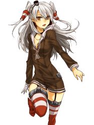 Rule 34 | 10s, 1girl, :o, amatsukaze (kancolle), bad id, bad pixiv id, choker, dress, fang, garter straps, gloves, grey hair, hair tubes, kantai collection, lifebuoy, long hair, sa tsuko, sailor collar, sailor dress, short dress, single glove, solo, standing, standing on one leg, striped clothes, striped thighhighs, swim ring, thighhighs, twintails, two side up, white background, yellow eyes, zettai ryouiki