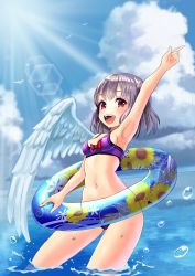 Rule 34 | 1girl, absurdres, angel wings, arched back, armpits, bird, bow, breasts, cloud, cowboy shot, day, floral print, hand up, highres, hip focus, horizon, innertube, kishin sagume, lens flare, light rays, looking at viewer, navel, ocean, open mouth, partially submerged, red eyes, short hair, silver hair, single wing, small breasts, smile, solo, sun, sunlight, swim ring, teeth, thighs, tongue, touhou, uemura shun, wading, water, water drop, white wings, wings
