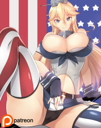 Rule 34 | 10s, 1girl, american flag, american flag legwear, asymmetrical legwear, bare shoulders, belt, belt buckle, blonde hair, blue eyes, breasts, buckle, cleavage, covered erect nipples, fingerless gloves, front-tie top, garter straps, gloves, haganef, headgear, huge breasts, iowa (kancolle), kantai collection, large breasts, long hair, looking at viewer, midriff, miniskirt, mismatched legwear, navel, panties, sitting, skirt, smile, solo, star-shaped pupils, star (symbol), striped clothes, striped skirt, striped thighhighs, symbol-shaped pupils, thighhighs, underwear, vertical-striped clothes, vertical-striped skirt, vertical-striped thighhighs