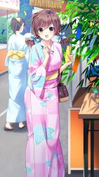 Rule 34 | 1girl, :d, blush, brown eyes, brown hair, day, doukyuusei 2, doukyuusei another world, floral print, game cg, hair between eyes, holding, holding pen, japanese clothes, kimono, long hair, long sleeves, looking at viewer, low twintails, nagashima kumiko, official art, open mouth, outdoors, pen, pink kimono, print kimono, smile, solo focus, tanabata, twintails