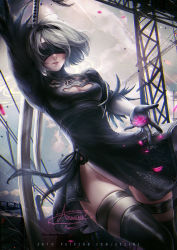 Rule 34 | android, axsen, back cutout, black blindfold, black dress, black hairband, blindfold, boots, cleavage cutout, clothing cutout, covered eyes, dress, feather-trimmed sleeves, gloves, grey hair, hairband, high heel boots, high heels, highleg, highleg leotard, highres, juliet sleeves, leotard, long sleeves, mole, mole under mouth, nier (series), nier:automata, puffy sleeves, solo, sword, thigh boots, thighhighs, thighhighs under boots, weapon, white hair, white leotard, 2b (nier:automata)