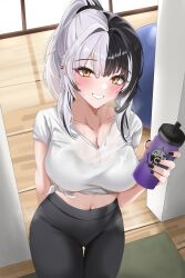 Rule 34 | 1girl, black hair, black nails, bottle, breasts, cleavage, earrings, grin, highres, hololive, hololive english, jewelry, large breasts, looking at viewer, medium hair, midriff, multicolored hair, nail polish, navel, pants, ponytail, shiori novella, shirt, smile, solo, split-color hair, sweat, sweaty clothes, tied shirt, virtual youtuber, water bottle, white hair, yellow eyes, yobi (ybpac18), yoga pants