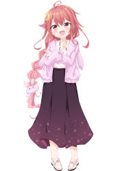 Rule 34 | 1girl, ahoge, black skirt, braid, crescent, crescent hair ornament, full body, hair between eyes, hair ornament, highres, jacket, junes, kantai collection, long hair, long sleeves, looking at viewer, open clothes, open jacket, open mouth, pink eyes, pink hair, pink jacket, rabbit hair ornament, shirt, shoes, simple background, single braid, skirt, smile, solo, uzuki (kancolle), white background, white footwear, white shirt