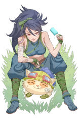 Rule 34 | 1boy, 1girl, absurdres, akali, anger vein, animal ears, arm tattoo, armpit crease, arms on knees, bandage on face, bandaged arm, bandages, black hair, blowgun, breasts, brown eyes, closed eyes, clothing request, commentary request, crop top, dripping, facing viewer, fingerless gloves, food, gloves, goggles, goggles on headwear, grass, green gloves, hair between eyes, halterneck, hand up, hat, high ponytail, highres, holding, holding food, holding weapon, ice cream bar, league of legends, long hair, looking at another, medium breasts, midriff, mittens, on ground, open mouth, pants, parted bangs, ponytail, puffy pants, rayn87250715, sailor hat, sideboob, simple background, sitting, sitting on person, slit pupils, smile, snot, tattoo, teemo, toned, weapon, white background