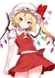 Rule 34 | 1girl, ascot, blonde hair, crystal, dress, flandre scarlet, frills, hat, hat ribbon, heart, highres, kyuu cat, looking at viewer, medium hair, midriff peek, mob cap, open mouth, red dress, red eyes, ribbon, side ponytail, simple background, solo, thighs, touhou, wings