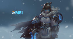 Rule 34 | 1girl, armor, artist name, beads, blue eyes, blue gloves, brown hair, canister, character name, coat, company connection, cowboy shot, death knight, emblem, franner, frostmourne, fur coat, fur trim, gauntlets, gloves, glowing, glowing eyes, hair bun, hair ornament, hair stick, highres, holding, holding sword, holding weapon, lich king, logo, mei (overwatch), no eyewear, overwatch, overwatch 1, parka, parody, pauldrons, short hair, shoulder armor, sidelocks, single hair bun, skull, solo, spiked gauntlets, sword, trait connection, warcraft, weapon, winter, winter clothes, winter coat, world of warcraft