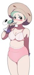 Rule 34 | 1girl, armpits, blush, bra, breasts, brown eyes, chef hat, cleavage, collarbone, creatures (company), embarrassed, euf-dreamer, eyebrows, female focus, game freak, gloves, green hair, gym leader, hand to own mouth, hand up, hat, katy (pokemon), large breasts, long hair, looking at viewer, midriff, mismatched underwear, navel, neck, nintendo, panties, pink panties, plump, pokemon, pokemon sv, standing, tears, thighs together, underwear, underwear only, white bra