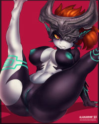 Rule 34 | 1girl, alamander, breasts, cleft of venus, colored sclera, colored skin, glowing, glowing hair, glowing markings, helmet, highres, large breasts, long ears, midna, multicolored skin, neon trim, nintendo, nipples, pink background, pointy ears, pussy, red eyes, the legend of zelda, third-party edit, two-tone skin, uncensored, yellow sclera
