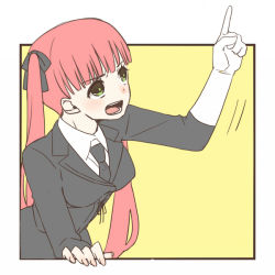Rule 34 | 10s, 1girl, arcana famiglia, felicita, gloves, green eyes, long hair, necktie, open mouth, pointing, red hair, solo, twintails