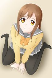Rule 34 | 1girl, absurdres, artist name, artist request, black pantyhose, blush, bow, bowtie, breasts, brown eyes, brown hair, buttons, cardigan, collarbone, eyebrows, female focus, full body, grey sailor collar, grey skirt, hair between eyes, highres, kneeling, kunikida hanamaru, layered skirt, light brown hair, long hair, long sleeves, looking at viewer, love live!, love live! sunshine!!, medium breasts, miniskirt, nail, nail polish, no shoes, orange bow, pantyhose, parted lips, pink nails, plaid, plaid skirt, pleated, pleated skirt, sailor collar, school uniform, sitting, skirt, sleeves past wrists, smile, solo, sweater, uranohoshi school uniform, yellow cardigan, yellow eyes, yellow sweater