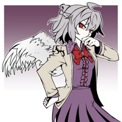 Rule 34 | 1girl, bow, bowtie, brooch, covering own mouth, cowboy shot, dress, feathered wings, grey hair, jacket, jewelry, kikoka (mizuumi), kishin sagume, long sleeves, looking at viewer, one-hour drawing challenge, open clothes, open jacket, purple dress, red bow, red bowtie, red eyes, short hair, single wing, solo, touhou, tsurime, white wings, wings