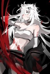Rule 34 | 1girl, absurdres, arknights, arm up, bare shoulders, black background, black choker, black coat, black shorts, blood, blood on face, blue eyes, choker, coat, collarbone, covering one eye, cowboy shot, elbow gloves, fingerless gloves, gloves, highres, injury, lappland (arknights), long hair, long sleeves, looking at viewer, meng ziya, navel, open clothes, open coat, parted lips, photoshop (medium), scar, scar across eye, scar on face, shorts, simple background, smile, solo, stomach, strapless, tube top, very long hair, white gloves, white hair