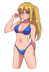 Rule 34 | 1girl, arm behind back, arm up, bare arms, bare shoulders, bikini, blonde hair, blue bikini, blue eyes, breasts, collarbone, cropped legs, hair between eyes, hair up, halterneck, highres, medium breasts, metroid, navel, nintendo, nonoworks, parted lips, ponytail, samus aran, sidelocks, signature, simple background, solo, standing, swimsuit, twitter username, white background