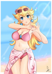 Rule 34 | 1girl, 2020, absurdres, beach, bikini, blonde hair, blue eyes, blue sky, blurry, blurry background, blush, border, breasts, cleavage, commentary, cowboy shot, dated, day, earrings, english commentary, eyewear on head, female focus, flower, hair flower, hair ornament, heart, heart hands, highres, jewelry, laceysx, large breasts, lips, long hair, looking at viewer, mario (series), nail polish, navel, nintendo, ocean, outside border, parted lips, pink bikini, pink nails, princess peach, sarong, signature, sky, smile, solo, standing, sunglasses, sunglasses on head, super mario odyssey, swimsuit, white border