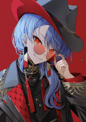 Rule 34 | 1girl, absurdres, adjusting eyewear, black coat, black dress, black hat, blue hair, coat, commentary request, dress, drop earrings, earrings, grin, hat, head tilt, highres, hololive, hoshimachi suisei, hoshimachi suisei (8th costume), hoshimachi suisei (oriental suit), jewelry, long hair, long sleeves, looking at viewer, open clothes, open coat, red-tinted eyewear, red background, red eyes, rkc, round eyewear, simple background, smile, solo, sunglasses, tinted eyewear, upper body, virtual youtuber