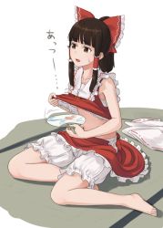 Rule 34 | 1girl, bare shoulders, barefoot, bloomers, bow, breast peek, breasts, brown eyes, brown hair, clothes lift, detached sleeves, fanning face, frills, full body, hair bow, hair ornament, hair ribbon, hair tubes, hakurei reimu, hand fan, hot, japanese clothes, kitano (kitanosnowwhite), lifting own clothes, long sleeves, midriff, miko, navel, no bra, on floor, open mouth, paper fan, ponytail, red bow, red skirt, ribbon, shirt, shirt lift, simple background, sitting, skirt, skirt set, sleeveless, unworn sleeves, small breasts, solo, sweatdrop, tatami, text focus, touhou, translated, uchiwa, unbuttoned skirt, underwear, white background, wide sleeves, yokozuwari
