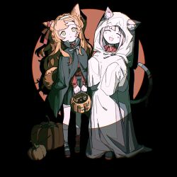 Rule 34 | 2girls, aged down, animal ears, black cape, blush, braid, cape, cat ears, cat tail, closed eyes, closed mouth, collared shirt, full body, ghost costume, highres, jack-o&#039;-lantern, long hair, looking at viewer, multiple girls, open mouth, orange hair, pumpkin, red shirt, reverse:1999, shirt, sidelocks, smile, sonetto (reverse:1999), standing, tail, vertin (reverse:1999), very long hair, wolf ears, zhizhizi
