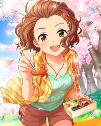 Rule 34 | 10s, 1girl, artist request, brown hair, casual, cherry blossoms, english text, food, green eyes, hair ornament, hairclip, hanami, idolmaster, idolmaster cinderella girls, jewelry, namba emi, necklace, official art, petals, short hair, shorts, solo, tree, wavy hair