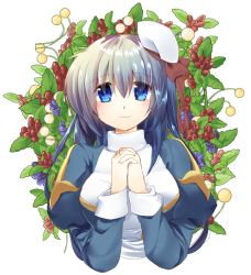 Rule 34 | 1girl, berry, blue eyes, blush, breasts, closed mouth, commentary request, cropped torso, dress, flower, grey background, hair between eyes, hat, high priest (ragnarok online), interlocked fingers, juliet sleeves, kanagi tsumugi, long hair, long sleeves, looking at viewer, medium breasts, own hands together, puffy sleeves, ragnarok online, sailor hat, sash, silver hair, smile, solo, transparent background, two-tone dress, upper body, white dress, white flower, white hat, white sash, wreath