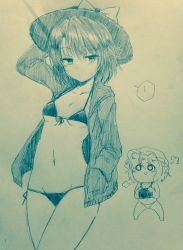 Rule 34 | 2girls, :/, puff of air, arm up, bikini, blush, bow, breasts, camera, closed mouth, commentary request, efukei, front-tie bikini top, front-tie top, groin, hair between eyes, hand in pocket, hat, hat bow, highres, holding, holding camera, maribel hearn, mob cap, monochrome, multiple girls, navel, one-hour drawing challenge, pocket, short hair, side-tie bikini bottom, small breasts, standing, stomach, sweat, swimsuit, touhou, traditional media, usami renko